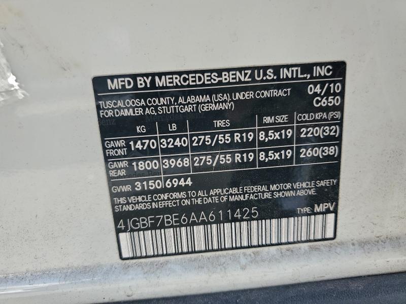 4JGBF7BE6AA611425 - 2010 MERCEDES-BENZ GL 450 4MATIC WHITE photo 13