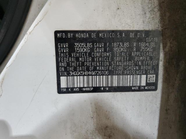 3HGGK5H84KM726106 - 2019 HONDA FIT EX WHITE photo 12