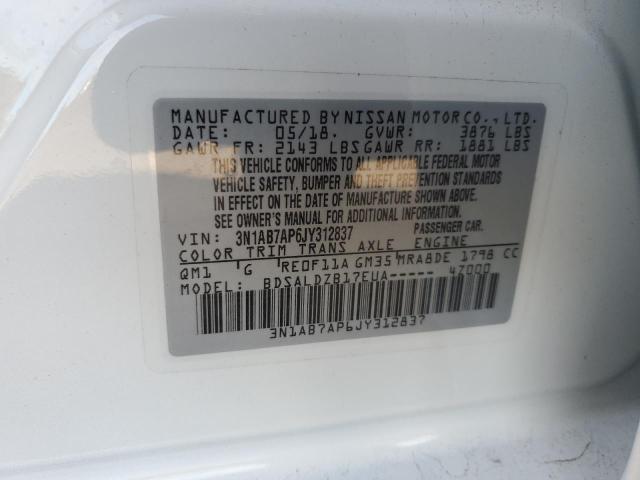 3N1AB7AP6JY312837 - 2018 NISSAN SENTRA S WHITE photo 13