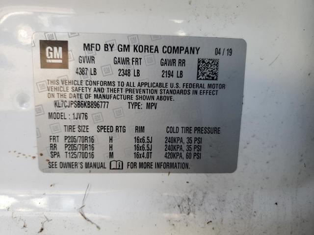 KL7CJPSB6KB896777 - 2019 CHEVROLET TRAX 1LT WHITE photo 13