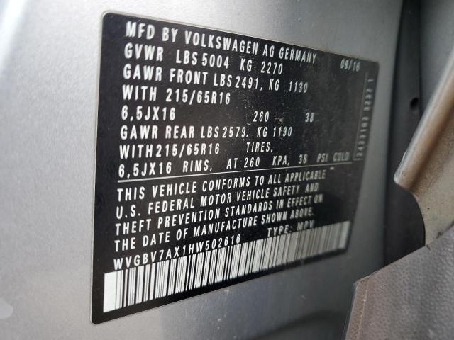 WVGBV7AX1HW502616 - 2017 VOLKSWAGEN TIGUAN S SILVER photo 13