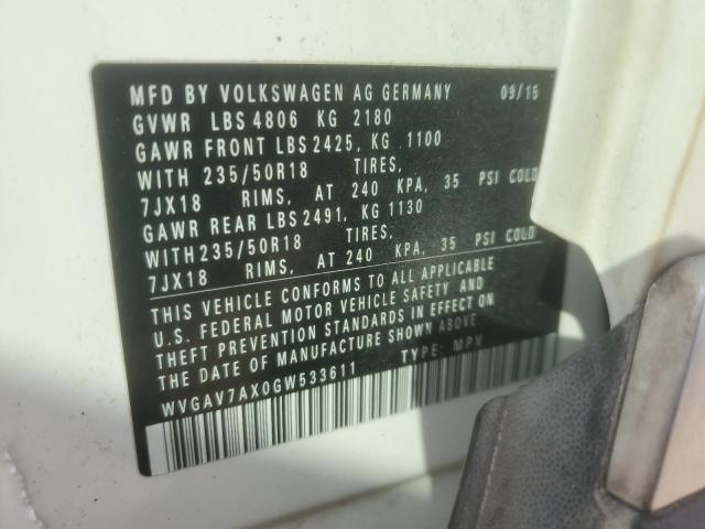 WVGAV7AX0GW533611 - 2016 VOLKSWAGEN TIGUAN S WHITE photo 13
