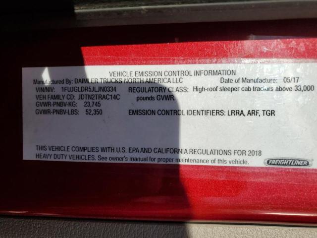 1FUJGLDR5JLJN0334 - 2018 FREIGHTLINER CASCADIA 1 Червоний фото 10