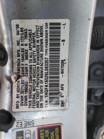 1HGFA16526L083357 - 2006 HONDA CIVIC LX Серебристый фото 12