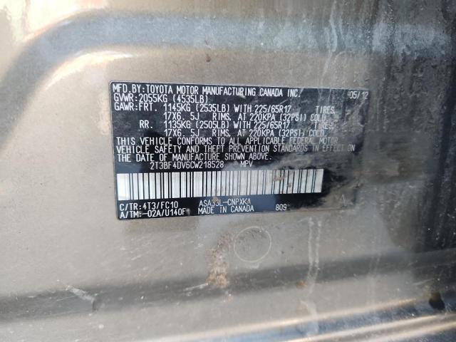 2T3BF4DV6CW218528 - 2012 TOYOTA RAV4 GRAY photo 12