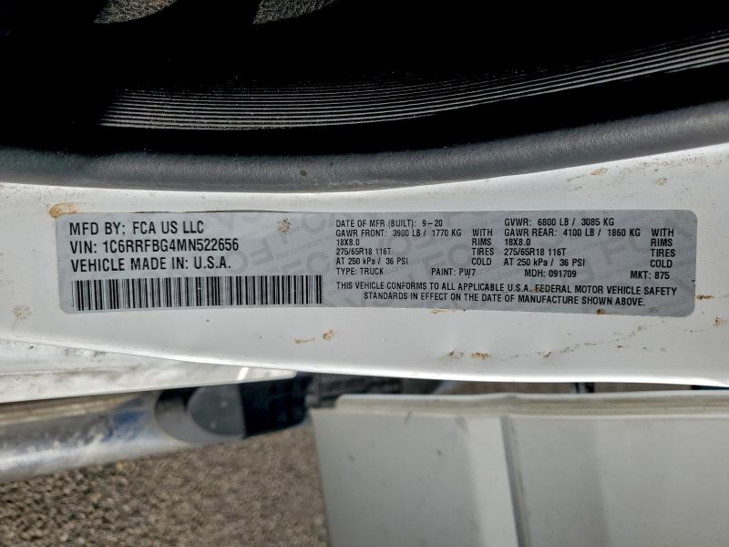 1C6RRFBG4MN522656 - 2021 RAM 1500 BIG HORN/LONE STAR WHITE photo 12