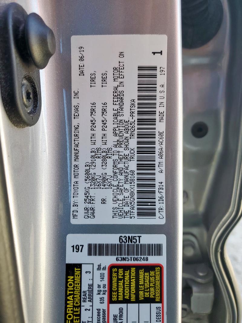 5TFAX5GN8KX158160 - 2019 TOYOTA TACOMA DOUBLE CAB SILVER photo 12