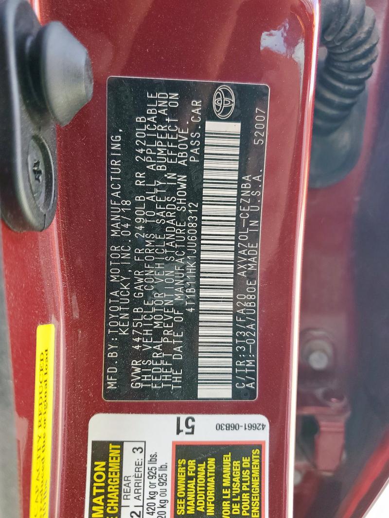 4T1B11HK1JU608312 - 2018 TOYOTA CAMRY L Bordeaux photo 12