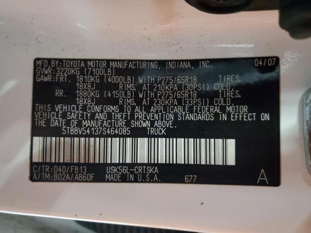 5TBBV54137S464085 - 2007 TOYOTA TUNDRA DOUBLE CAB SR5 WHITE photo 12