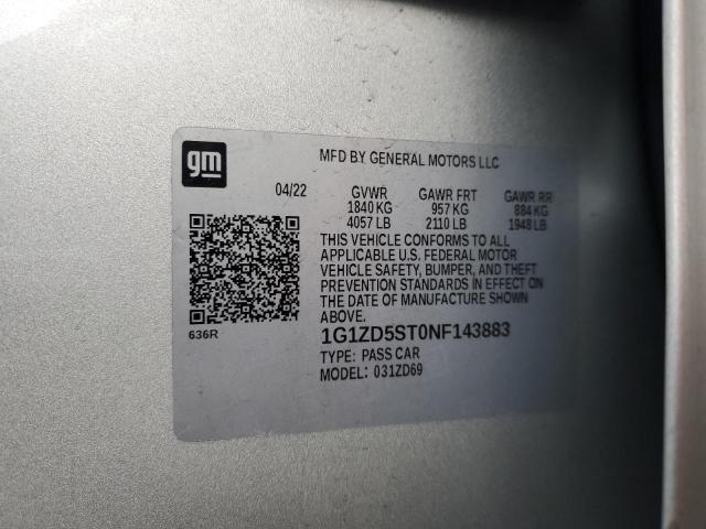 1G1ZD5ST0NF143883 - 2022 CHEVROLET MALIBU LT ვერცხლისფერი ფოტო 12