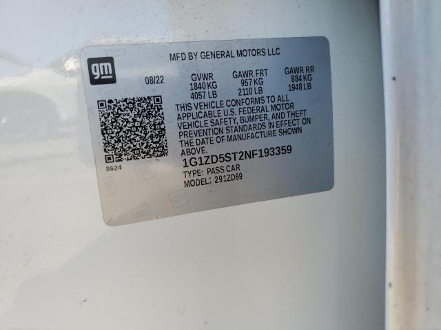 1G1ZD5ST2NF193359 - 2022 CHEVROLET MALIBU LT თეთრი ფოტო 12