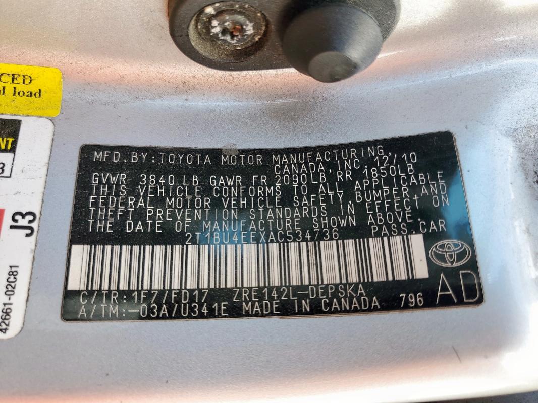 2T1BU4EEXAC534736 - 2010 TOYOTA COROLLA BASE 银色 照片 13