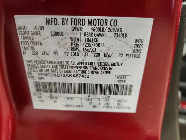 1FMCU9D72AKA87432 - 2010 FORD ESCAPE XLT წითელი ფოტო 13