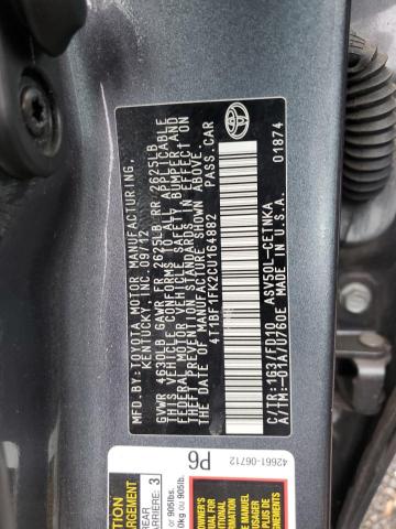 4T1BF1FK2CU164882 - 2012 TOYOTA CAMRY BASE GRAY photo 12