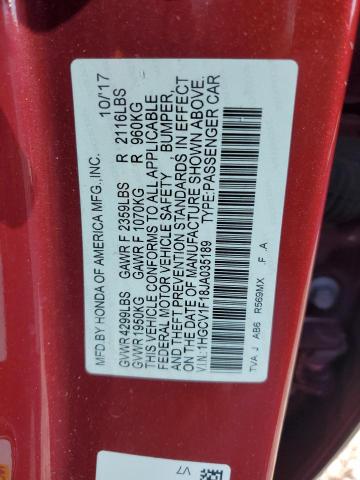 1HGCV1F18JA035189 - 2018 HONDA ACCORD LX წითელი ფოტო 12