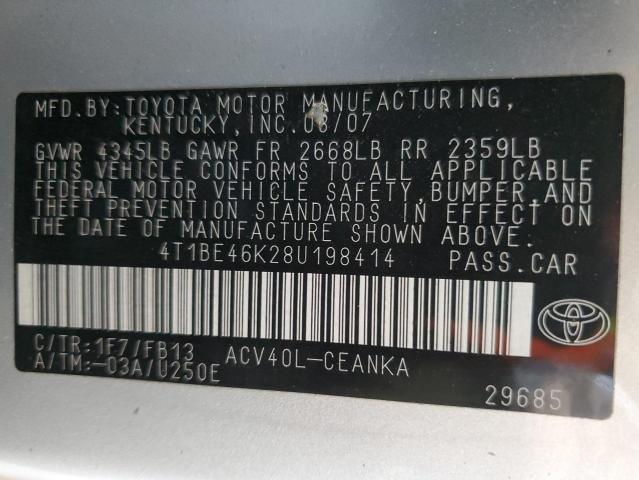 4T1BE46K28U198414 - 2008 TOYOTA CAMRY CE Күміс фото 12