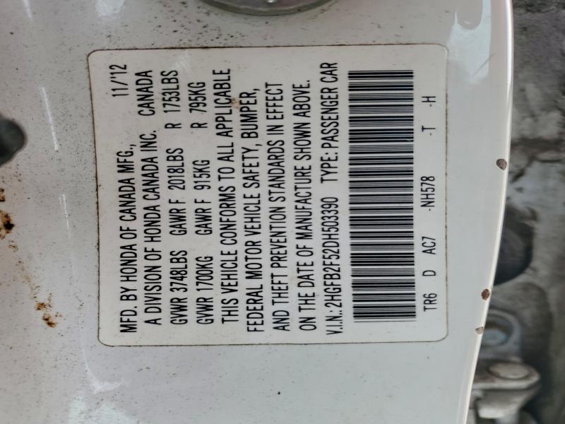 2HGFB2F52DH503390 - 2013 HONDA CIVIC LX 白色 照片 12