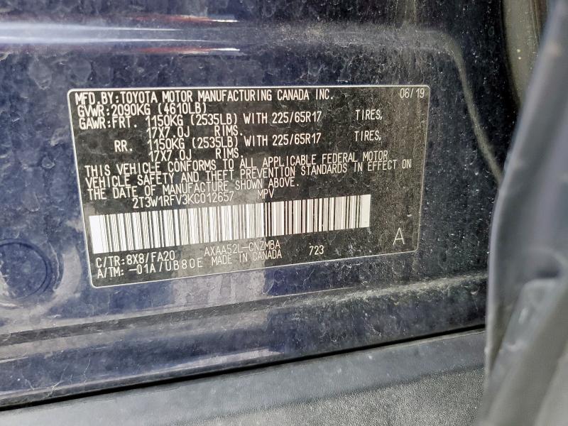 2T3W1RFV3KC012657 - 2019 TOYOTA RAV4 XLE Синій фото 12