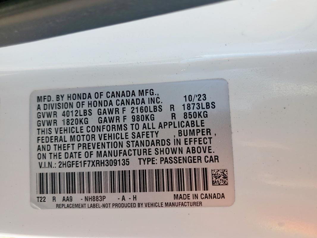 2HGFE1F7XRH309135 - 2024 HONDA CIVIC EX WHITE photo 12