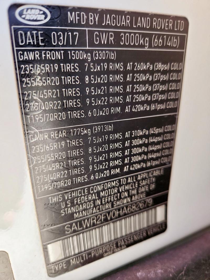 SALWR2FV0HA682679 - 2017 LAND ROVER RANGE ROVE HSE WHITE photo 13