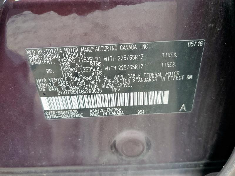 2T3ZFREV4GW280039 - 2016 TOYOTA RAV4 LE PURPLE photo 12