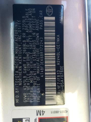 4T4BF3EK6BR172243 - 2011 TOYOTA CAMRY BASE 银色 照片 12