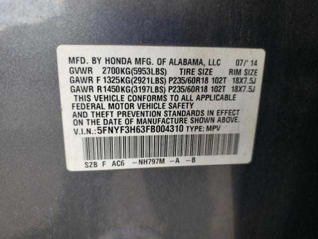 5FNYF3H63FB004310 - 2015 HONDA PILOT EXL 灰色 照片 14