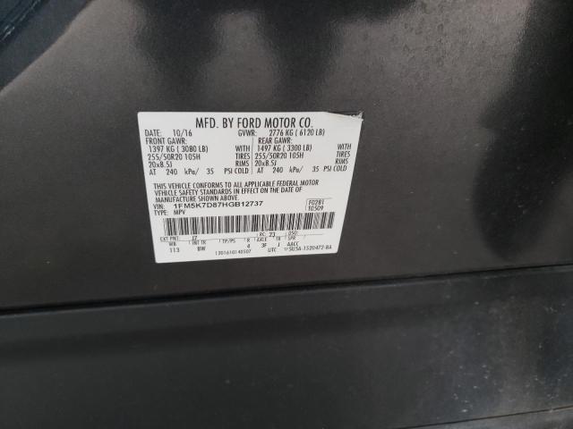 1FM5K7D87HGB12737 - 2017 FORD EXPLORER XLT GRAY photo 14