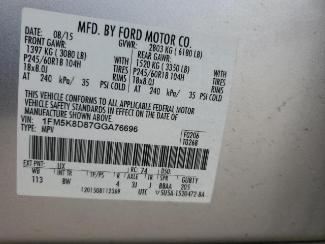 1FM5K8D87GGA76696 - 2016 FORD EXPLORER XLT Plata foto 13