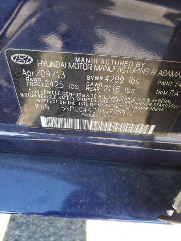 5NPEC4AC1DH725922 - 2013 HYUNDAI SONATA SE ლურჯი ფოტო 12