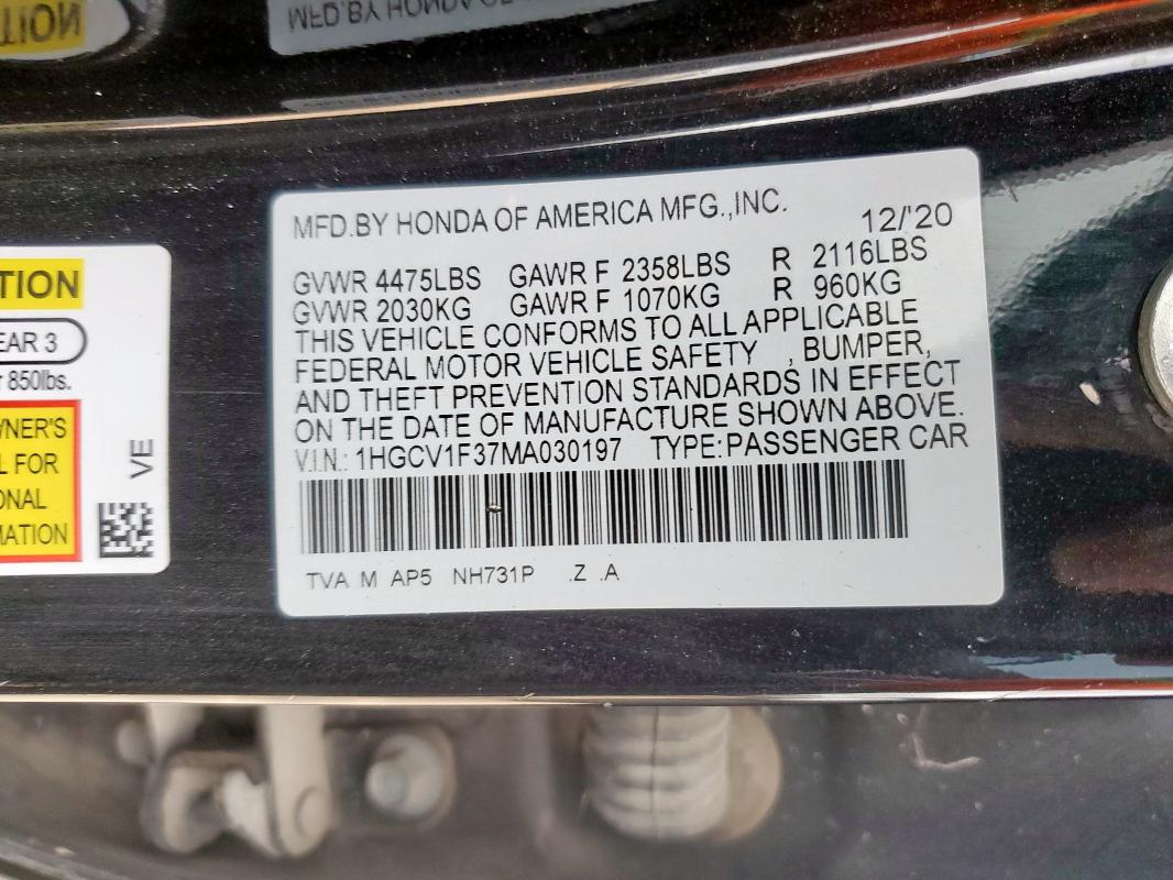 1HGCV1F37MA030197 - 2021 HONDA ACCORD SPORT BLACK photo 12