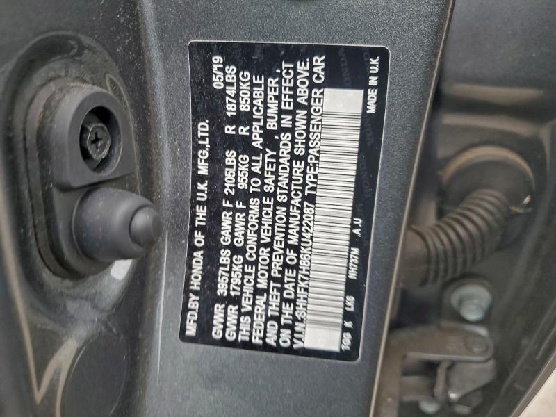 SHHFK7H86KU422087 - 2019 HONDA CIVIC EXL Boz foto 12