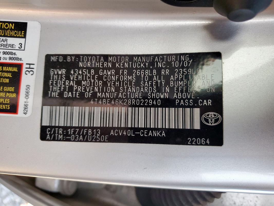4T4BE46K28R022940 - 2008 TOYOTA CAMRY CE SILVER photo 12