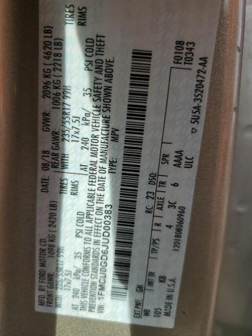 1FMCU0GD6JUD00383 - 2018 FORD ESCAPE SE BEIGE photo 12