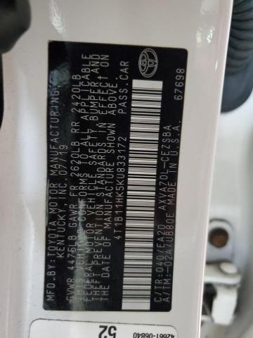 4T1B11HK5KU833172 - 2019 TOYOTA CAMRY L 白色 照片 13