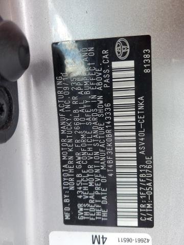 4T4BF3EK0BR143336 - 2011 TOYOTA CAMRY BASE SILVER photo 12