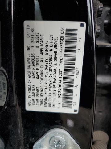 1HGCP2F86AA118357 - 2010 HONDA ACCORD EXL BLACK photo 12