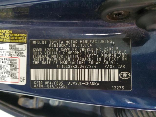 4T1BE32K35U427274 - 2005 TOYOTA CAMRY LE 蓝色 照片 12