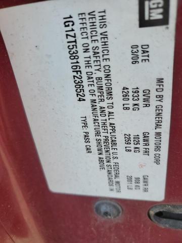 1G1ZT53816F236524 - 2006 CHEVROLET MALIBU LT RED photo 12
