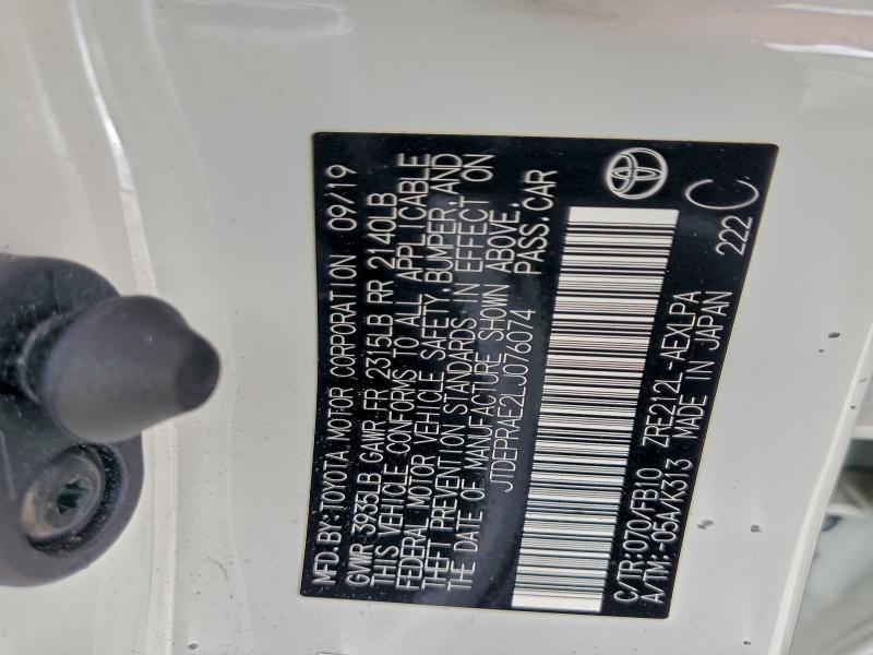 JTDEPRAE2LJ076074 - 2020 TOYOTA COROLLA LE WHITE photo 12