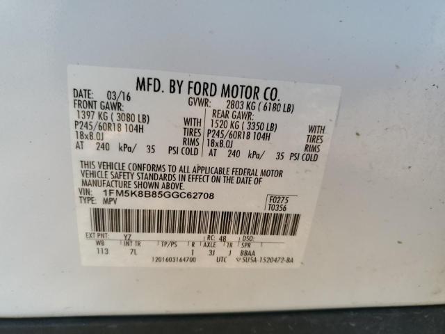 1FM5K8B85GGC62708 - 2016 FORD EXPLORER WHITE photo 13