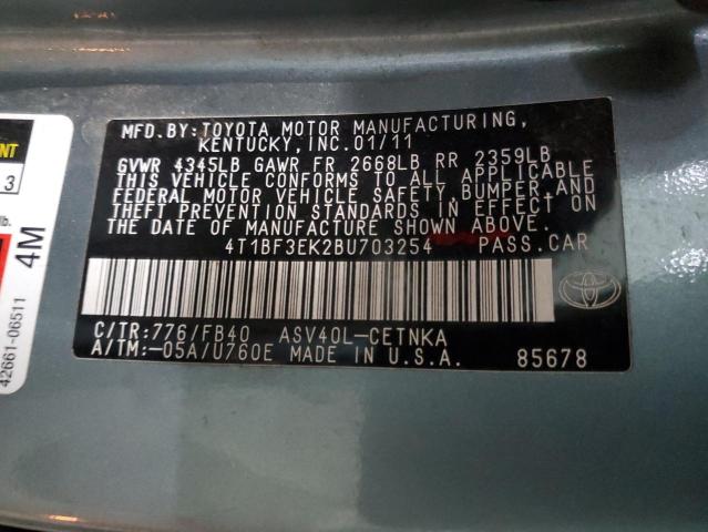 4T1BF3EK2BU703254 - 2011 TOYOTA CAMRY BASE TURQUOISE photo 12