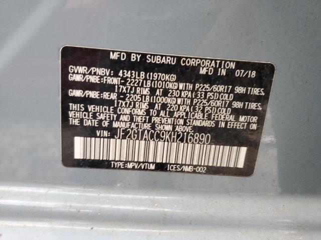 JF2GTACC9KH216890 - 2019 SUBARU CROSSTREK PREMIUM Серый фото 12