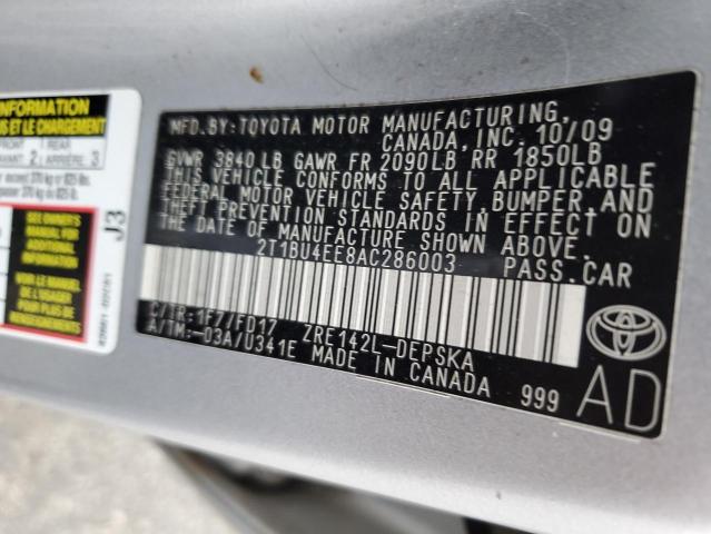 2T1BU4EE8AC286003 - 2010 TOYOTA COROLLA BASE SILVER photo 12