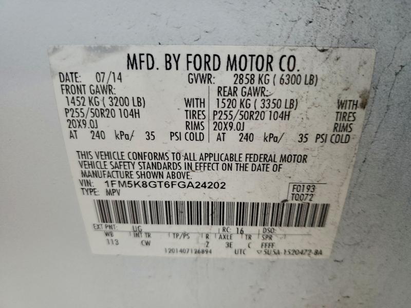 1FM5K8GT6FGA24202 - 2015 FORD EXPLORER SPORT Biały zdjęcie 13