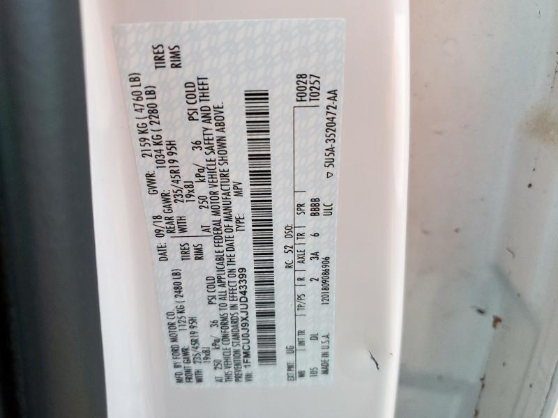 1FMCU0J9XJUD43399 - 2018 FORD ESCAPE TITANIUM თეთრი ფოტო 13