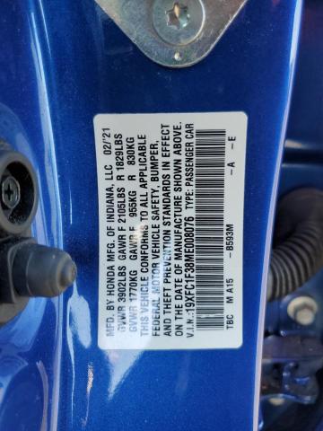 19XFC1F38ME008076 - 2021 HONDA CIVIC EX Синій фото 12