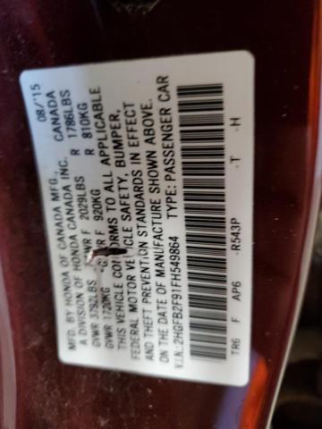 2HGFB2F91FH549864 - 2015 HONDA CIVIC EXL 勃艮第红 照片 13