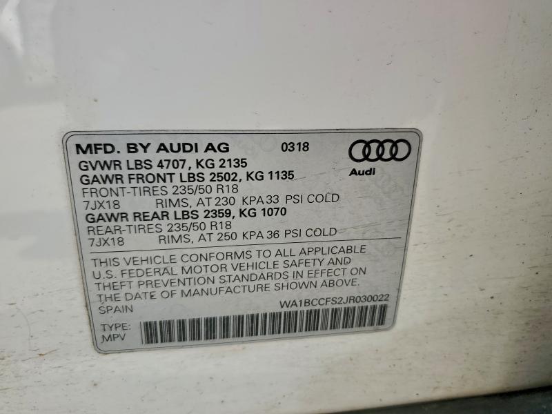 WA1BCCFS2JR030022 - 2018 AUDI Q3 PREMIUM أبيض صورة 14