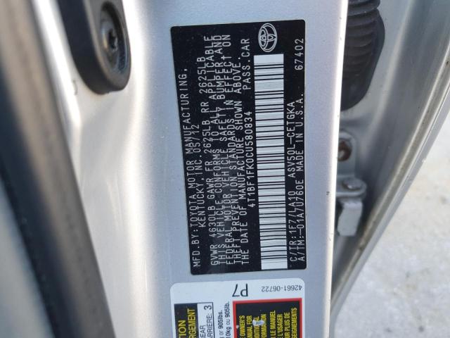 4T1BF1FK0CU580834 - 2012 TOYOTA CAMRY BASE SILVER photo 12